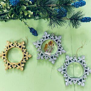 Vintage Mid Century Ornaments Snowflakes Trio Lucite Angel Silver Gold MCM Xmas